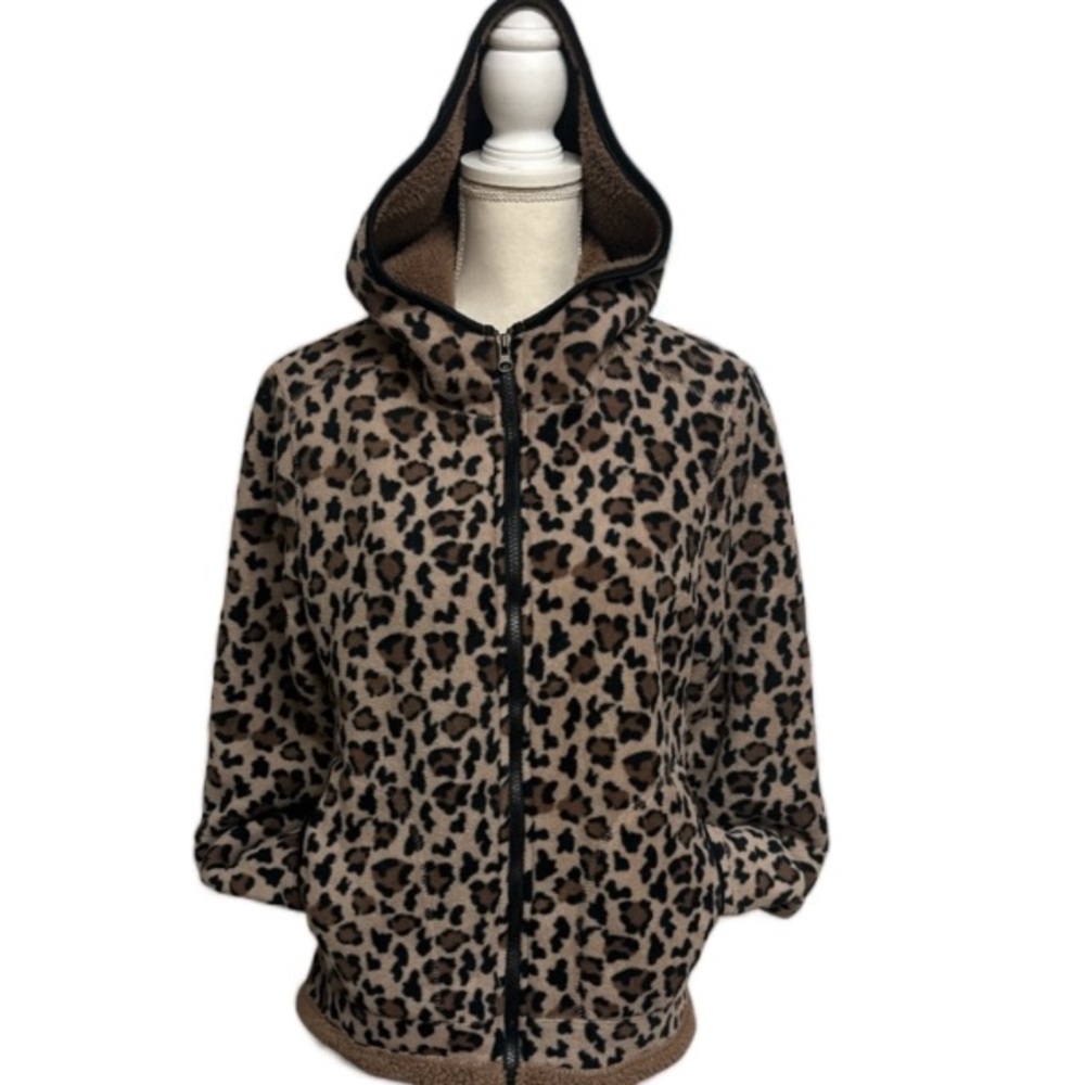 Leopard Print Fleece Hooded Zip Up Jacket With Pockets Ladies Size Medium - Picture 6 of 6
